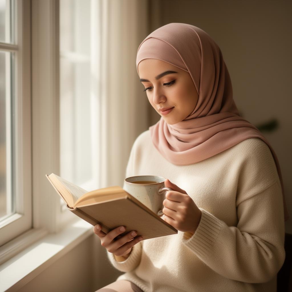 A Muslim woman reading quietly, evening light
